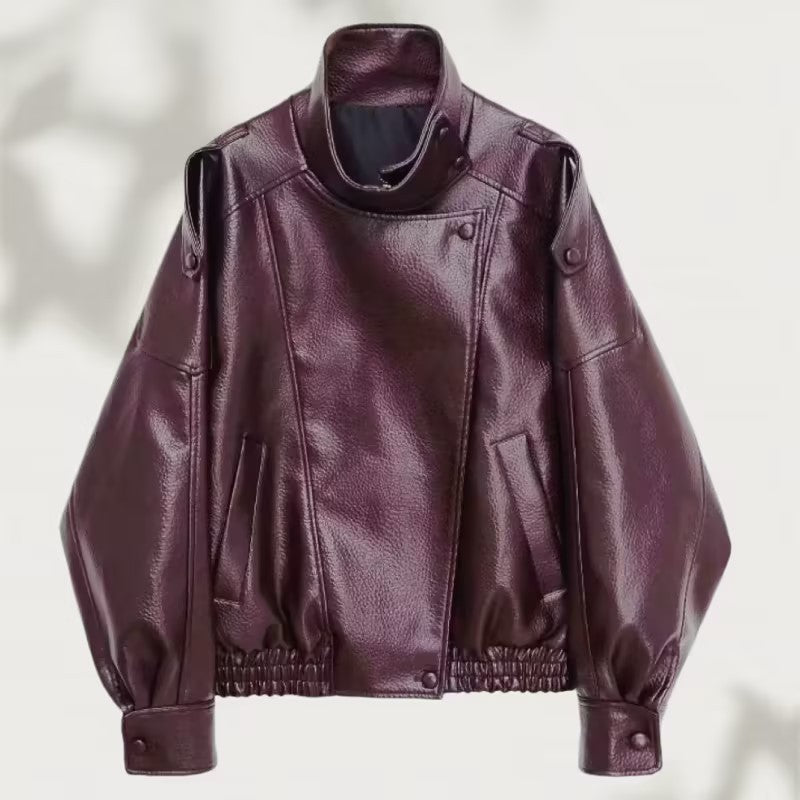Women Oversized Faux Leather Biker Jacket with Asymmetric Lapel, Stand Collar, and Waist Drawstring Chichicherry