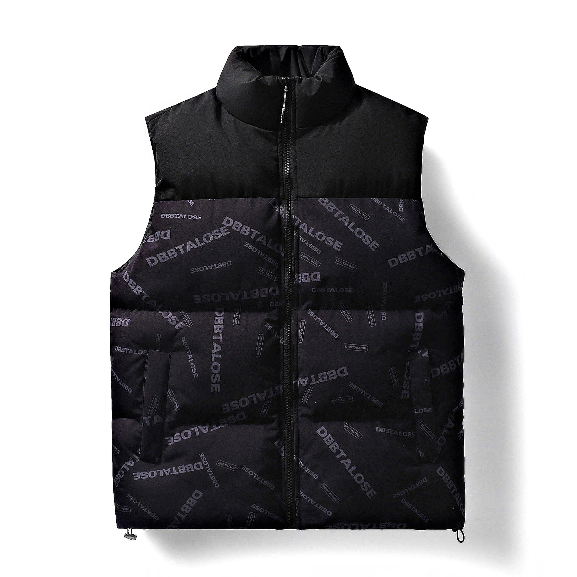 Men's Padded Quilted Vest with High Collar Allover Logo Print & Drawstring Hem Chichicherry