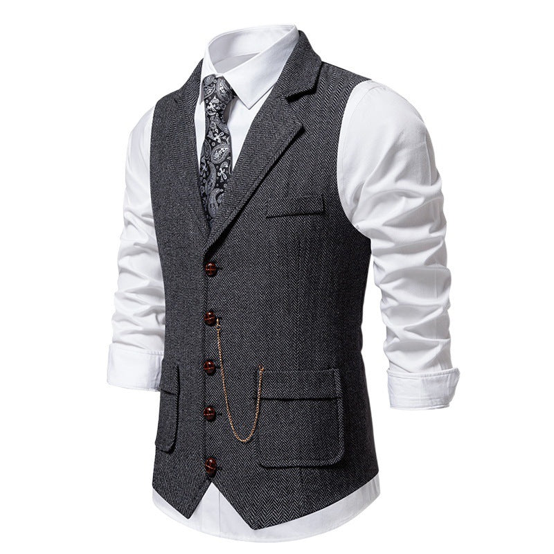 Men's Tailored Suit Vest with Shawl Collar Look, Flap Pockets and Decorative Watch Chain Chichicherry