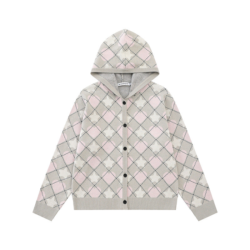 Ladies Knit Hooded Jacket with Diamond Jacquard and Button Placket Chichicherry