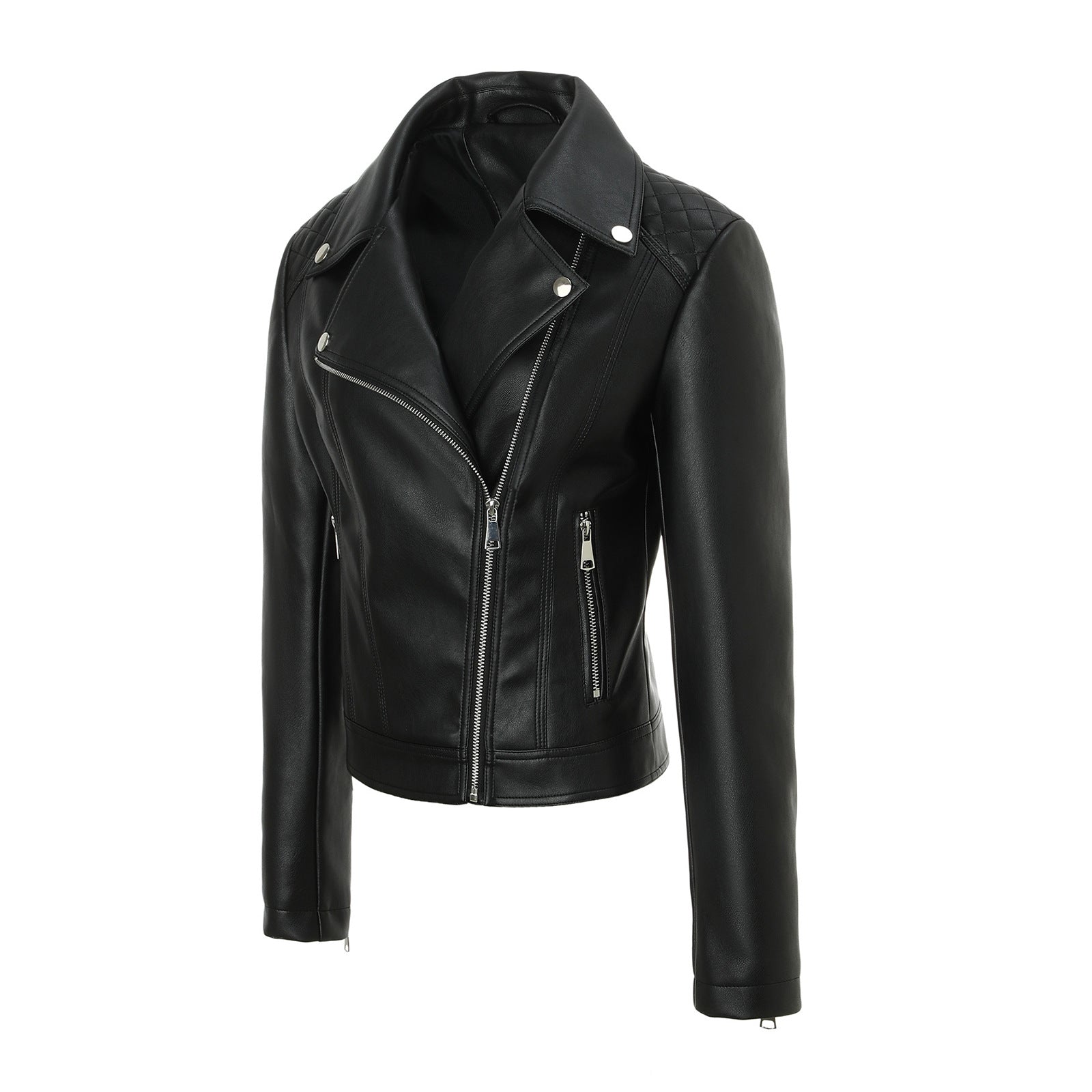 Women Tailored Biker Leather Jacket with Quilted Shoulders Chichicherry