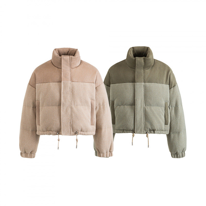 Women's Short Quilted Stand Collar Jacket with Drawstring, Waffle Texture and Boxy Silhouette Chichicherry