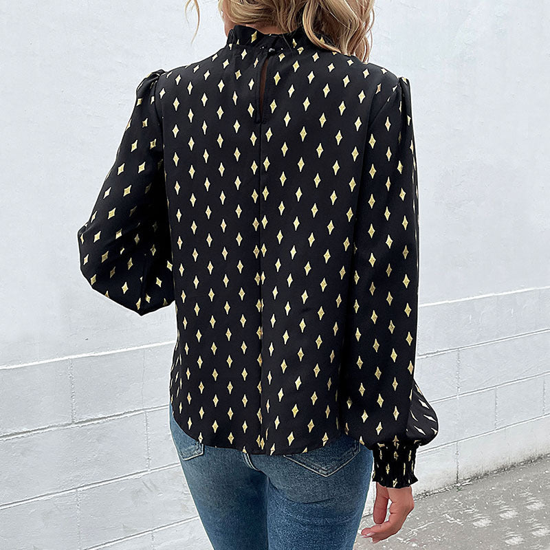 Women's Elegant Chiffon Blouse with Diamond Print, Gathered Stand Collar and Balloon Sleeves Chichicherry