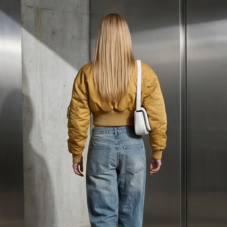 Women’s Short-Cut Utility Bomber Jacket with Practical Pockets and Ribbed Cuffs Chichicherry