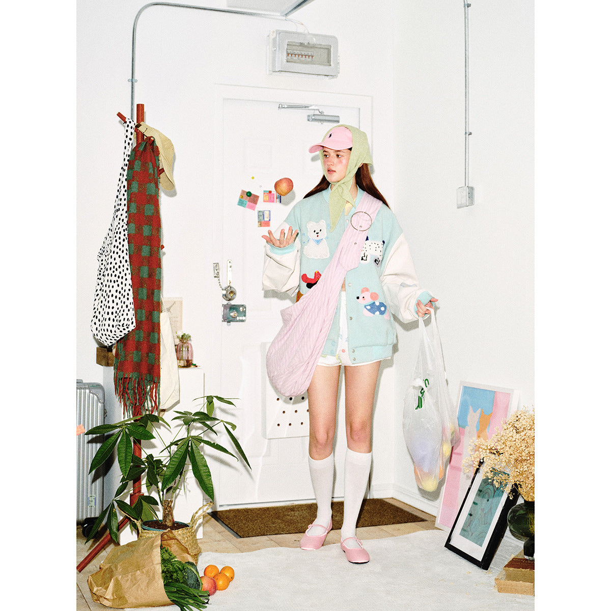 Women's Playful Bomber Jacket with Chenille Applications and Contrast Sleeves Chichicherry