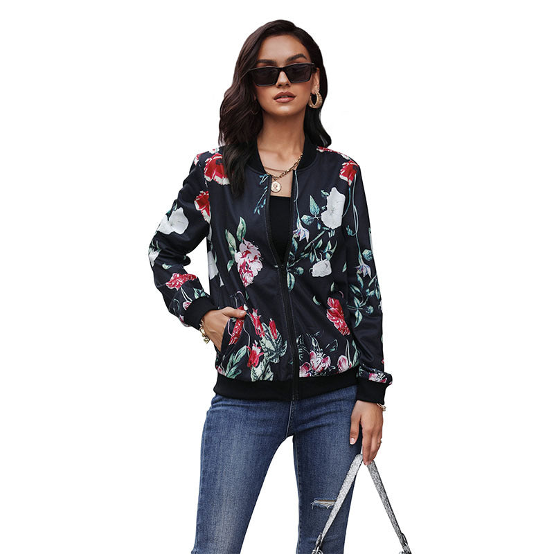 Women's floral bomber jacket with zipper, ribbed cuffs, and side pockets Chichicherry