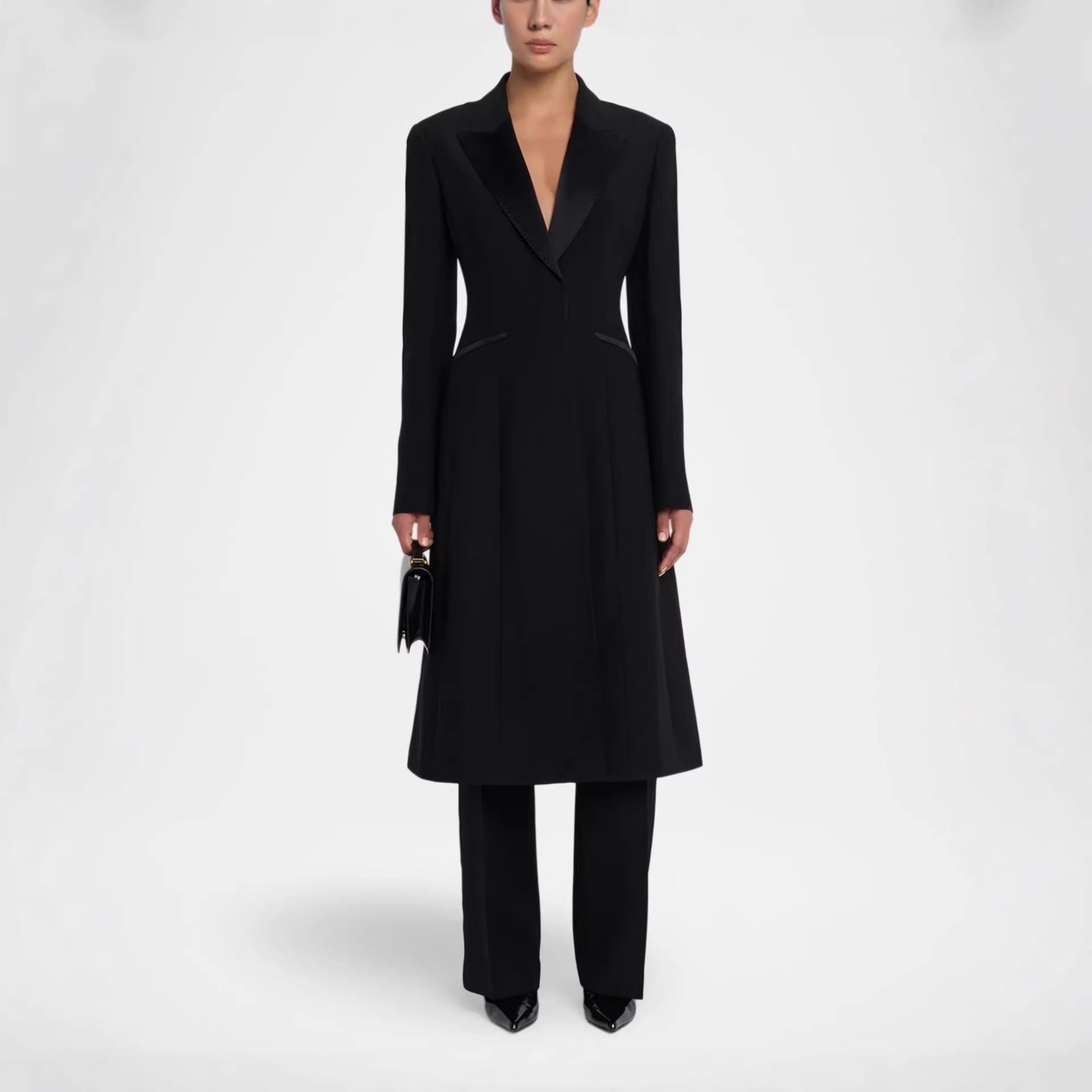 Women Tailored Evening Coat-Blazer with Satin Lapels and Slim Silhouette Chichicherry