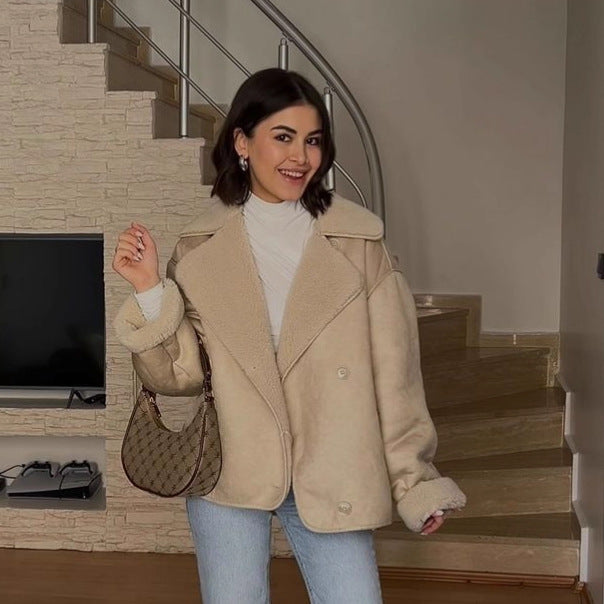 Ladies short jacket in lamb fur look with shawl collar and side patch pockets Chichicherry
