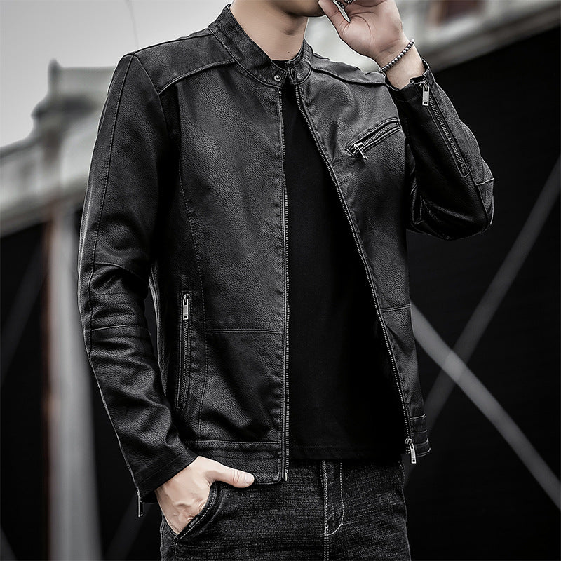 Men's Slim-Fit Faux Leather Moto Jacket with Stand Collar and Zipper Details Chichicherry