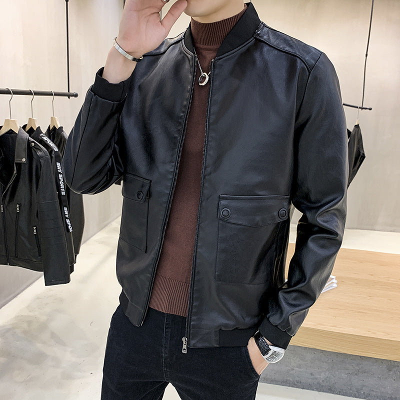 Men's Faux Leather Bomber Jacket in Aviator Minimal Style with Flap Pockets and Ribbed Cuffs Chichicherry