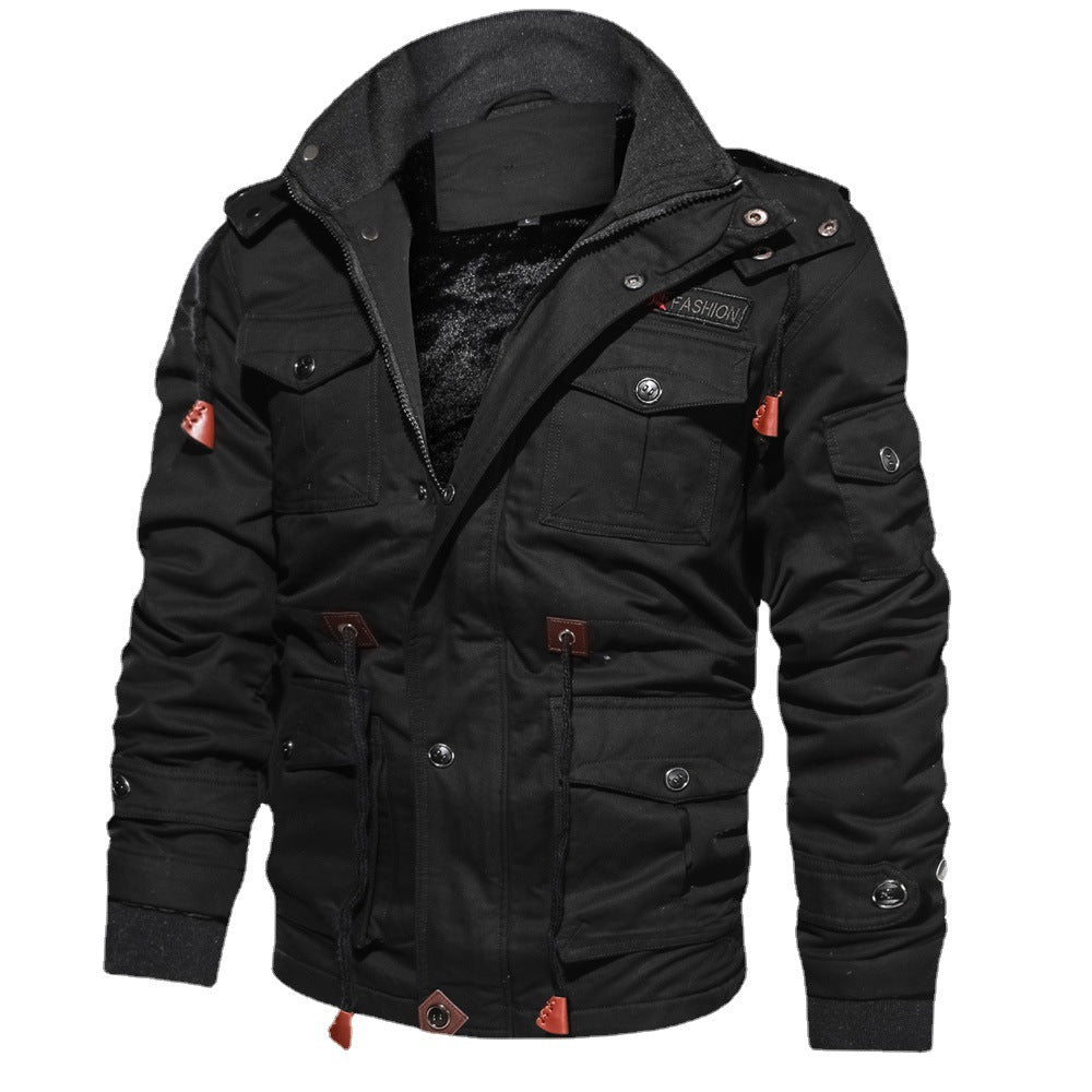 Men's robust canvas field jacket with warming velvet fleece lining, hood, and multifunction pockets Chichicherry