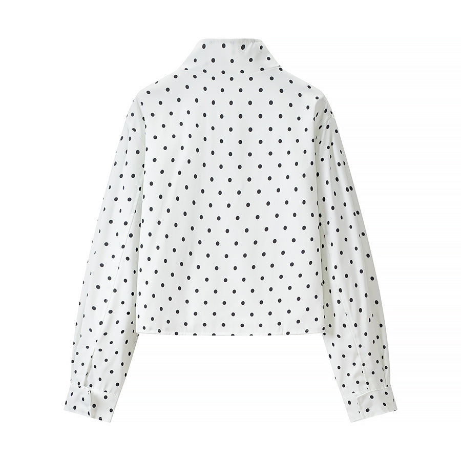 Women Polka Dot Short Jacket with Stand Collar and Concealed Snap Button Placket Chichicherry