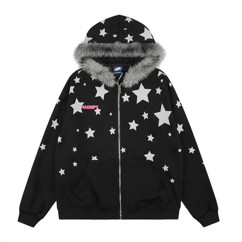 Women Oversize Hooded Sweat Jacket with Star Allover, Faux Fur Trim and Full Zip Chichicherry
