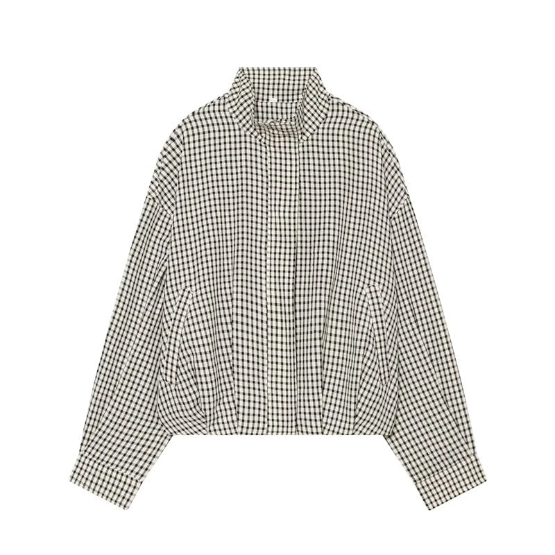 Women's short-cut boxy blouse in Vichy check with stand-up collar and elastic hem Chichicherry