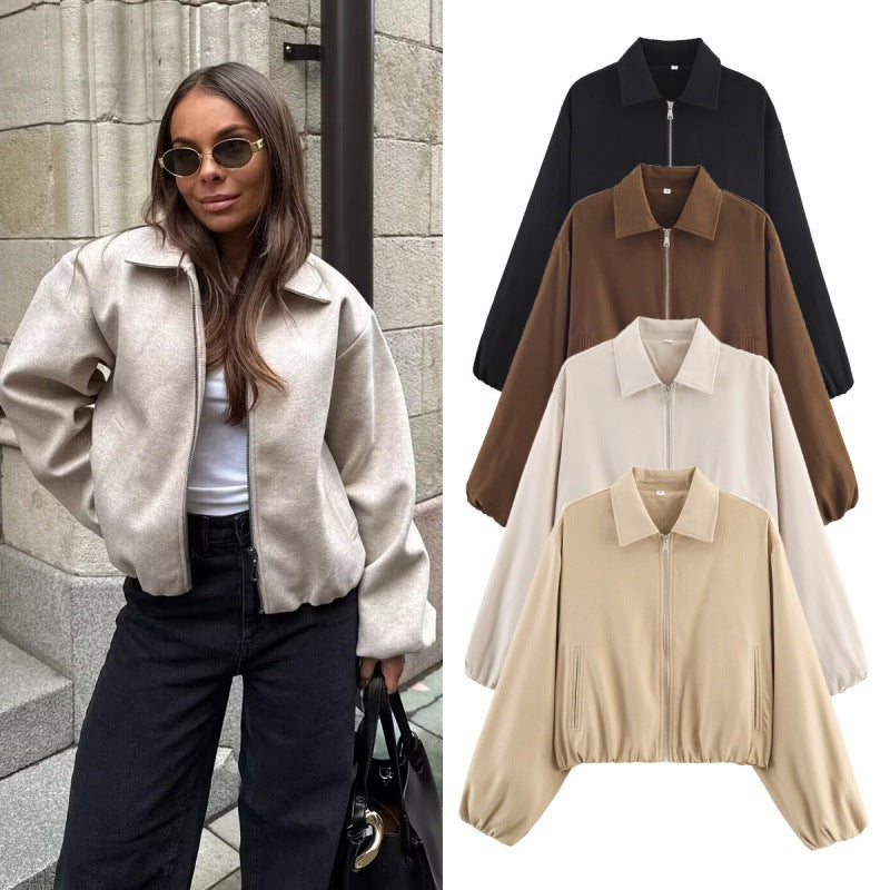 Women Polka Dot Cropped Bomber Jacket in Retro Look with Shirt Collar and Elastic Hem Chichicherry