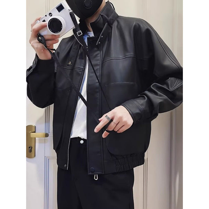 Herren Biker-inspirierte Kunstleder-Bomberjacke mit Stehkragen und elastischem Saum Chichicherry