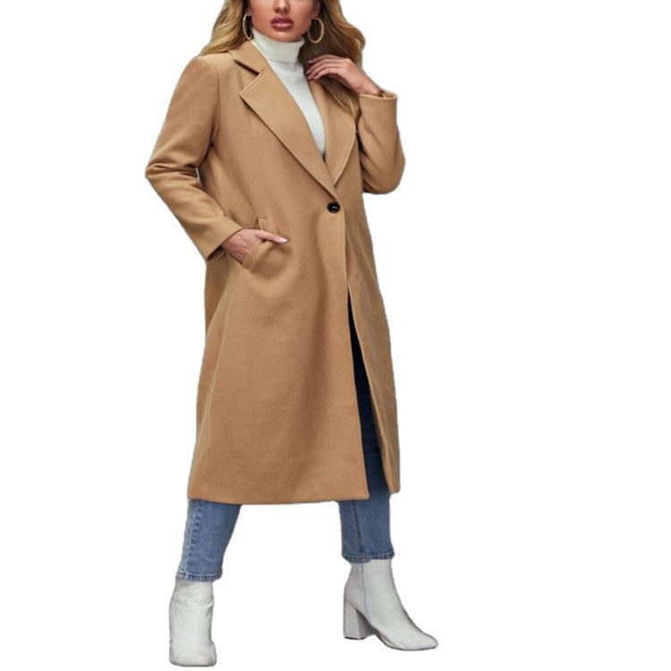 Women Maxilength Wool Blend Classic Coat with Minimalist Waist and Hidden Button Placket Chichicherry