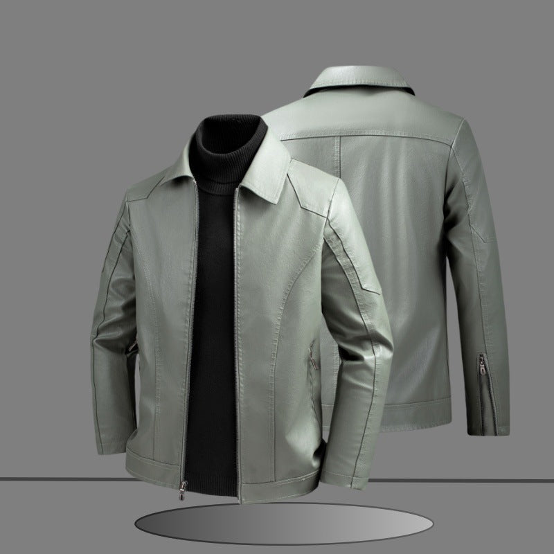 Men's Slim-Fit Faux Leather Jacket in Minimalist Shirt Collar Design with Concealed Two-Way Zipper Chichicherry