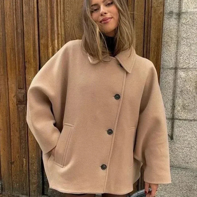 Women Oversized Wool Blend Boxy Short Coat with Lapel Collar and Insert Pockets Chichicherry