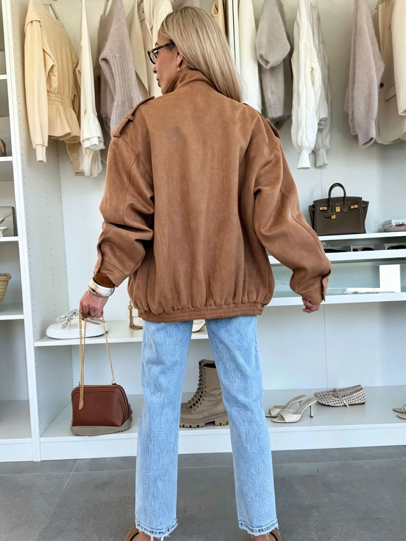 Damen Oversized Jacke in Wildleder-Optik mit Brusttaschen und Epauletten Chichicherry