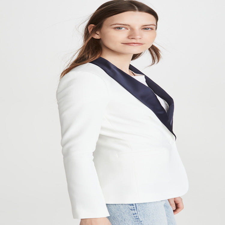 Women's Tailored Tuxedo Blazer with Satin Shawl Collar and One-Button Front Chichicherry