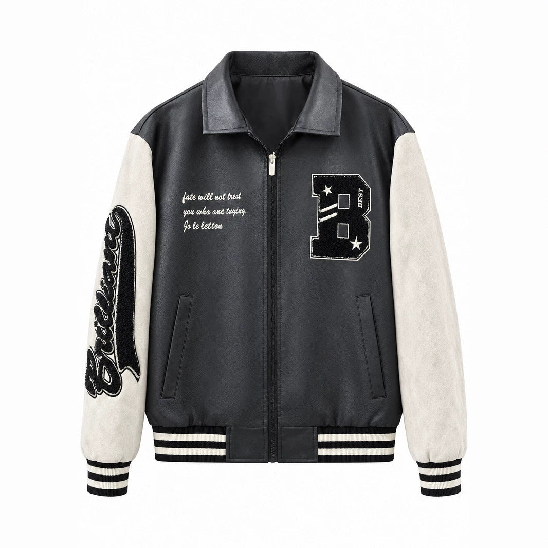 Men's Retro Style Letterman Jacket with Faux Leather Body and Suede Sleeves Chichicherry