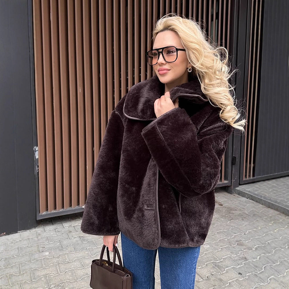 Women's Boxy Faux Fur Jacket with Voluminous Shawl Collar and Boxy Silhouette Chichicherry