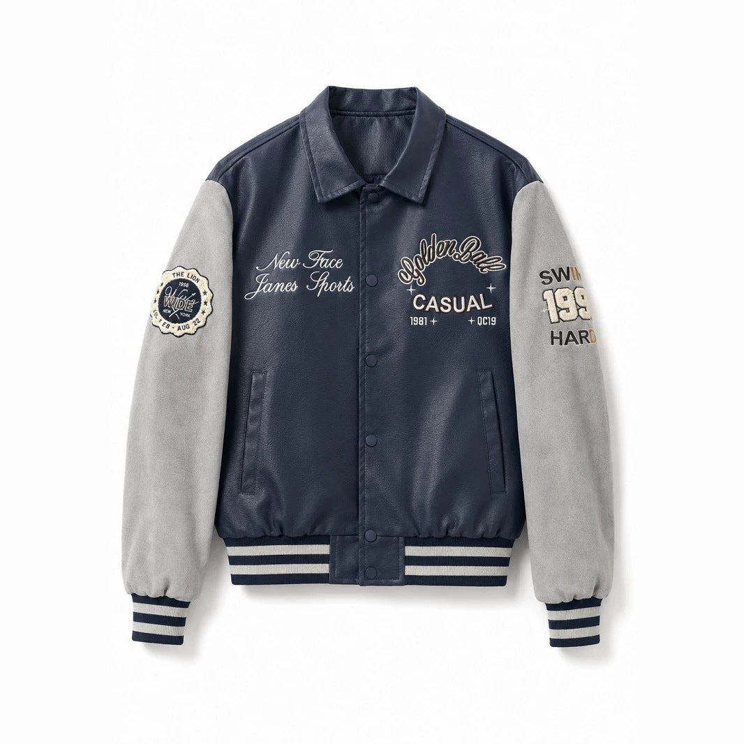Men's varsity bomber jacket in collegiate style with faux leather body, suede look sleeves and embroidered patches Chichicherry