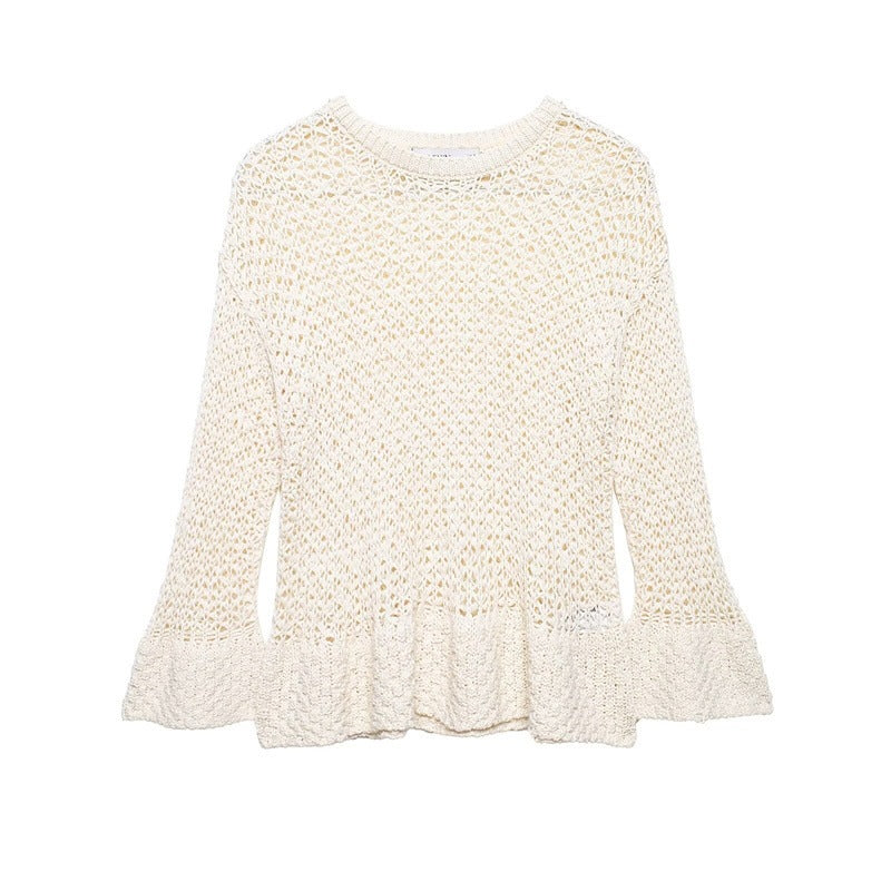 Women's loosely knitted lace pullover with ruffled hem and flared sleeves Chichicherry