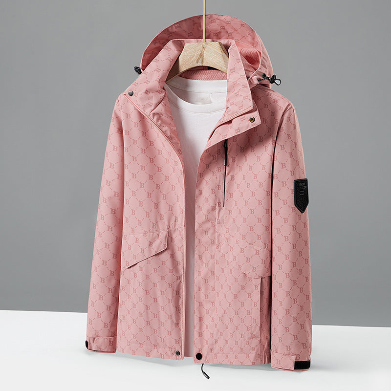 Men's lightweight water-repellent hooded jacket with all-over logo pattern, windproof shell, and practical pockets Chichicherry