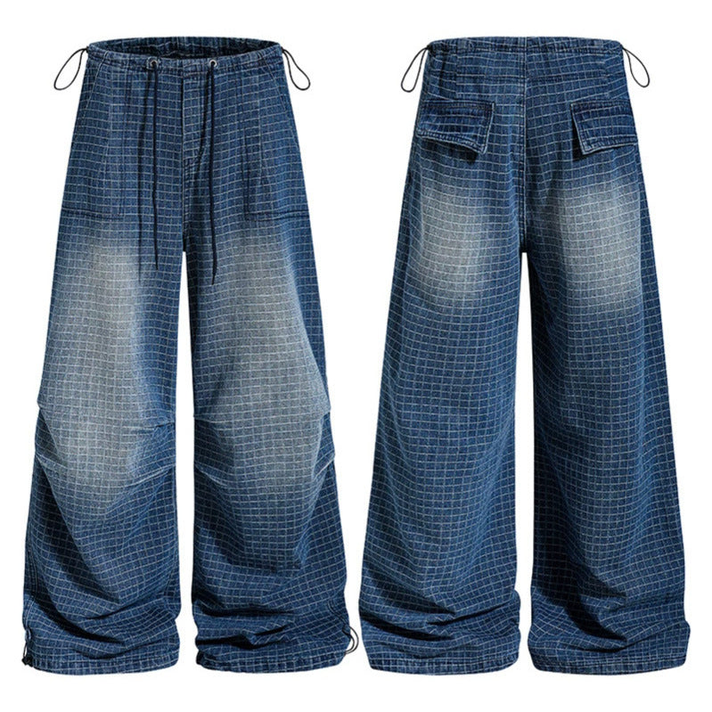 Women's Loose High-Waist Culotte Jeans with Drawstring, Check Pattern and Adjustable Hem Chichicherry