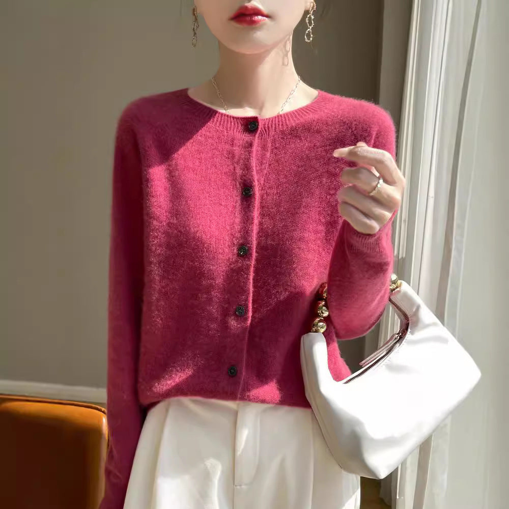 Women's Short-Cut Fine Knit Cardigan with Round Neckline and Shimmering Button Placket Chichicherry