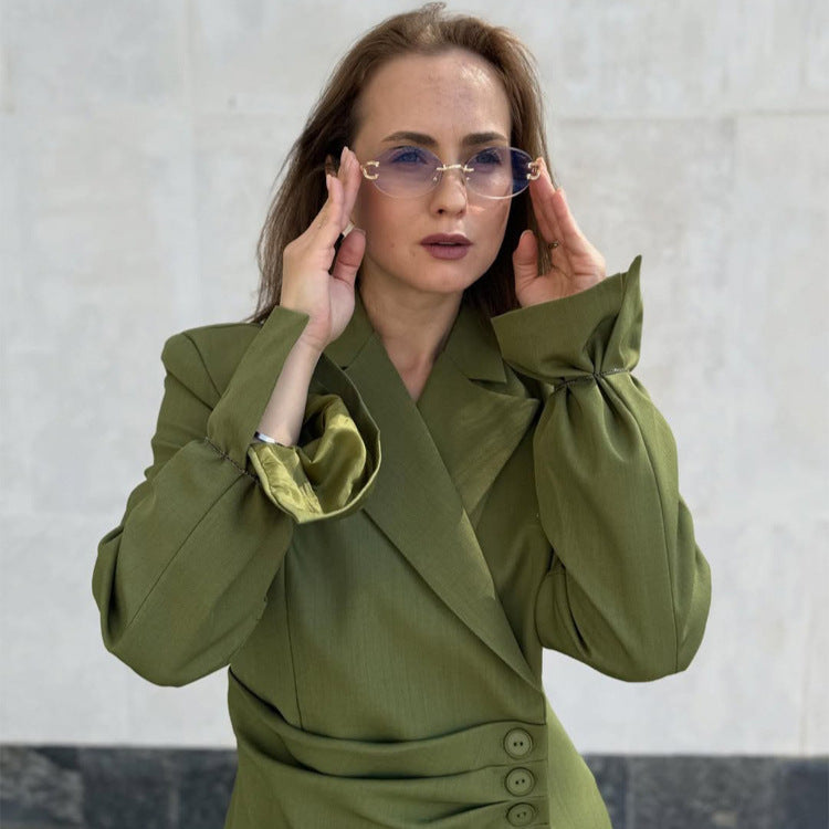 Women's Tailored Blazer Set with Asymmetrical Button Closure and Relaxed Pleated Trousers Chichicherry