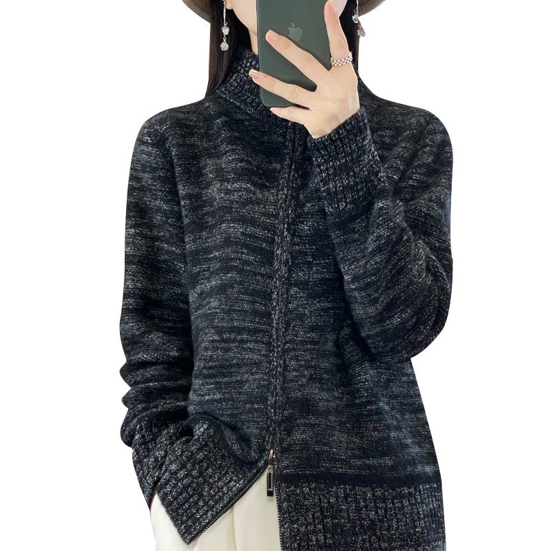 Women’s zippered cardigan with mottled texture and stand-up collar Chichicherry