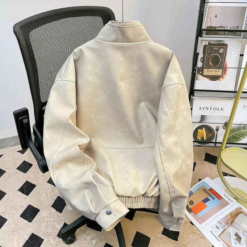 Herren kurze Stehkragenjacke aus Veloursleder-Imitat mit durchgehendem Reißverschluss Chichicherry