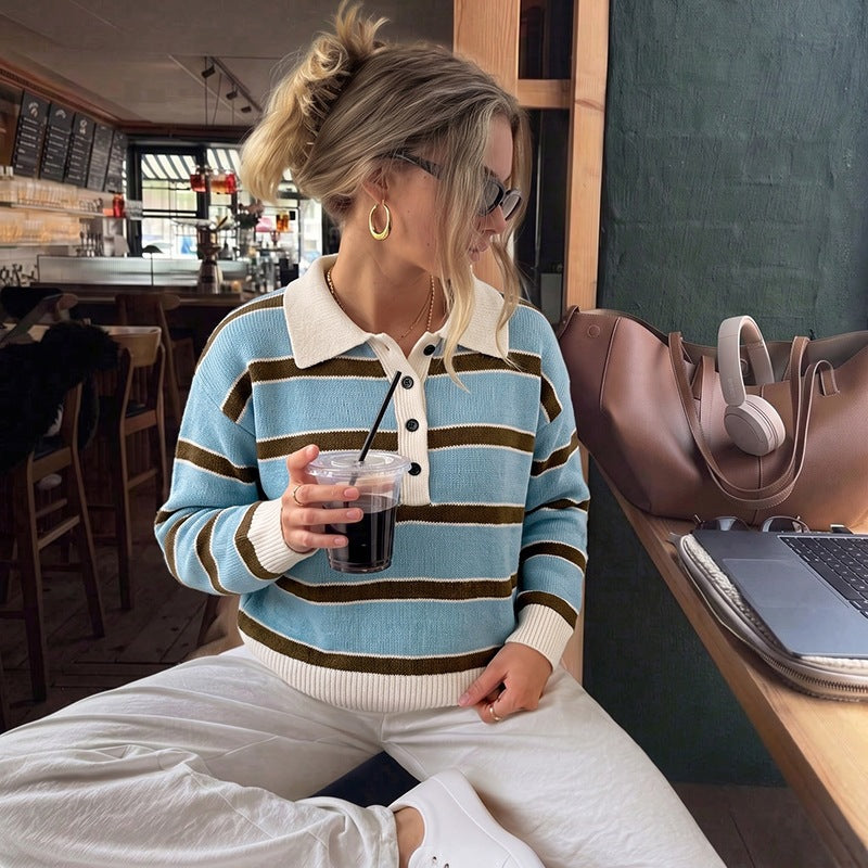 Women Striped Polo Knit Sweater with Henley Button Placket and Dropped Shoulder Chichicherry