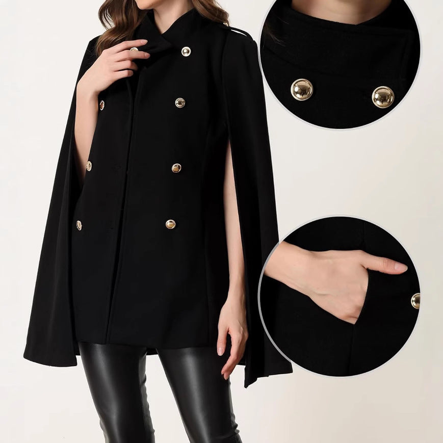 Ladies short cape coat made of wool blend with double-breasted shoulder straps and arm slits Chichicherry