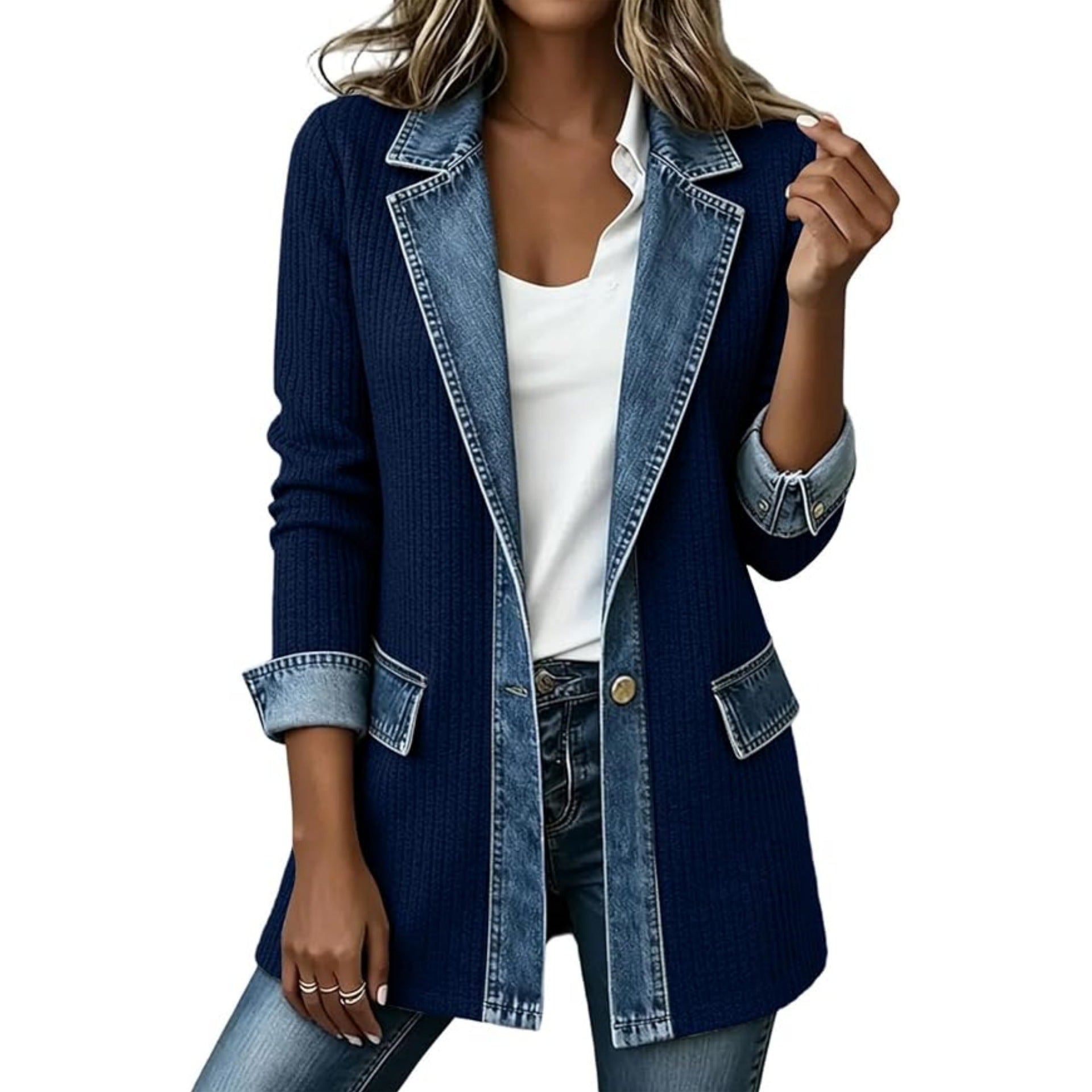 Ladies' knit blazer with denim trim and lapel collar Chichicherry