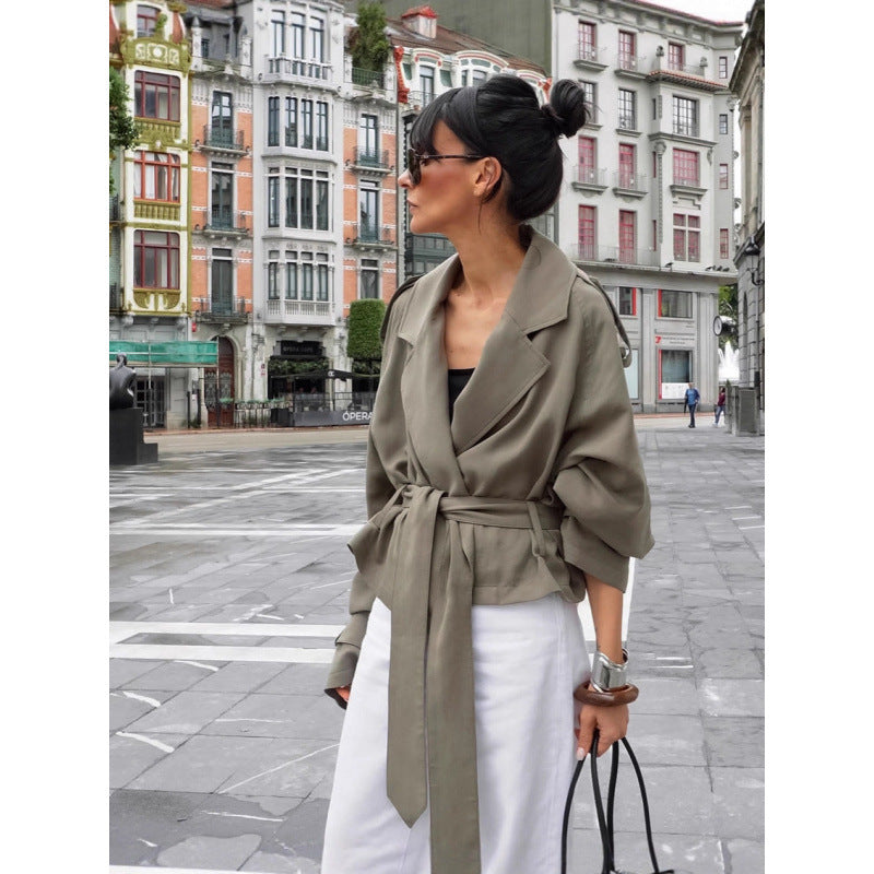 Women’s oversized trench jacket in cropped cut with tie belt, dropped shoulders, and balloon sleeves Chichicherry