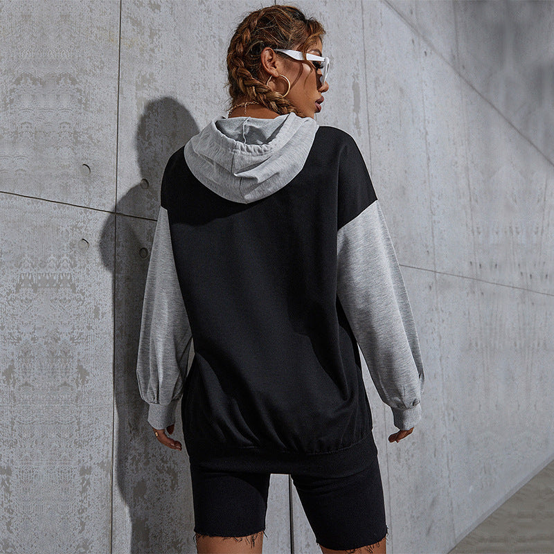 Women's Oversized Hoodie in College Style with Color Block Sleeves, Kangaroo Pocket and Drawstring