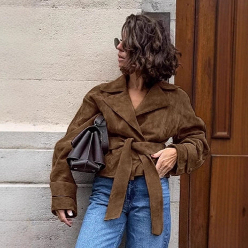 Women's Tailored Suede-Look Short Jacket with Wrap Belt and Long Cuffs Chichicherry