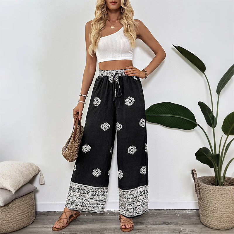Women's Boho Print Palazzo Pants with Wide Leg, Elastic Drawstring Waistband and Side Pockets Chichicherry