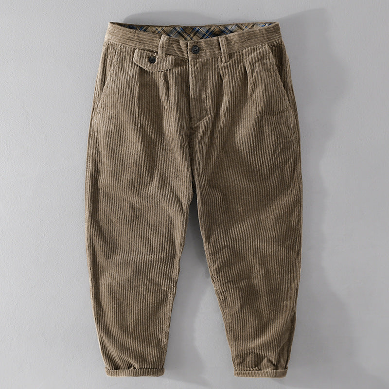 Men's corduroy pants with a tapered cut, high waistband, checked inner band, and rolled hem Chichicherry