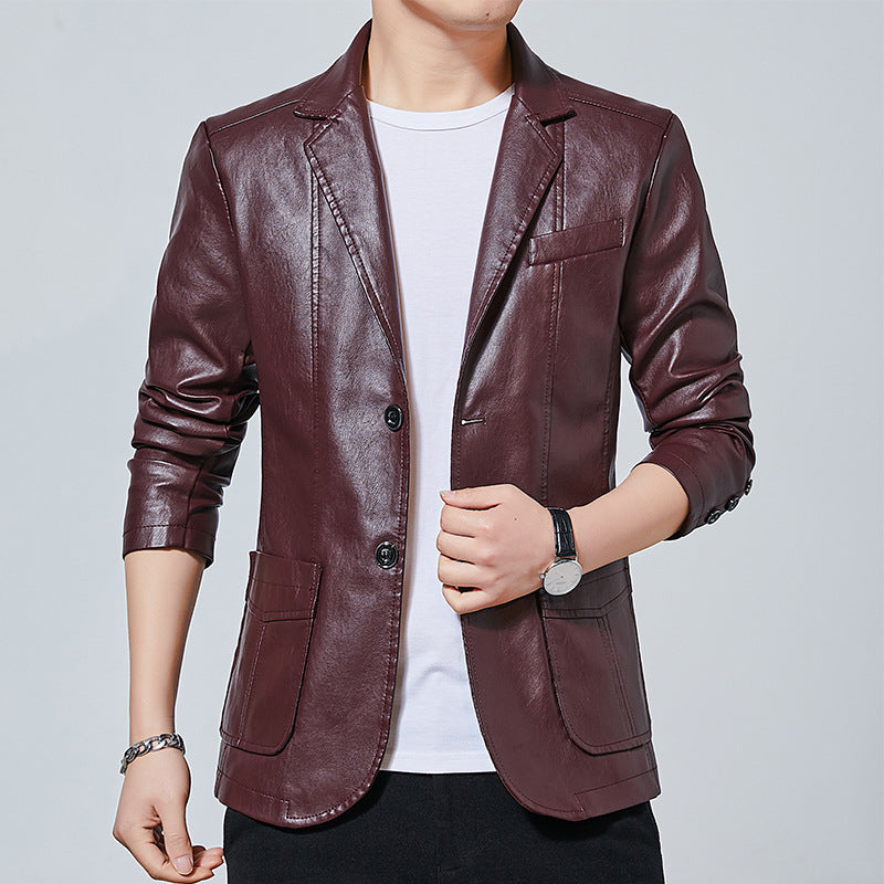 Men's Faux Leather Blouson Style Jacket with Shirt Collar and Patch Pockets Chichicherry