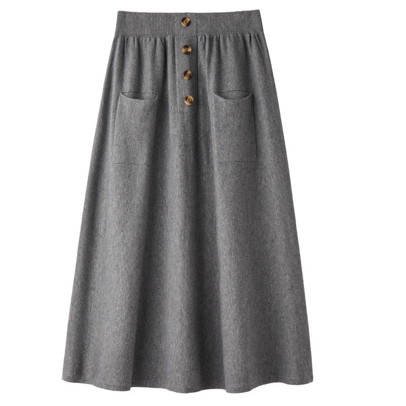 Women's midi skirt made of wool blend with A-line, elastic ribbed waistband, decorative button placket, and patch pockets Chichicherry