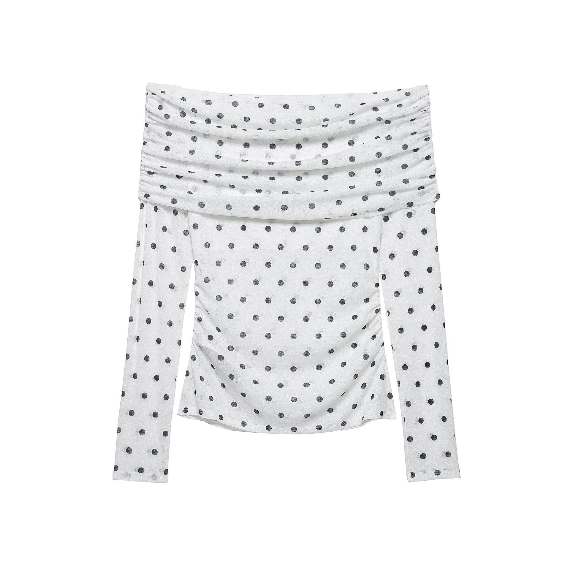 Women's Off-Shoulder Long Sleeve Top with Draped Overlap Collar and Polka Dot Pattern Chichicherry