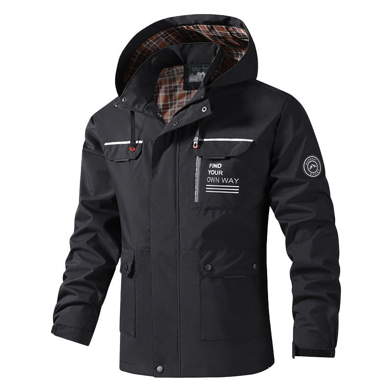 Men's Breathable Water-Resistant Hooded Outdoor Jacket with Checked Lining, Multifunctional Pockets & Adjustable Hood Chichicherry