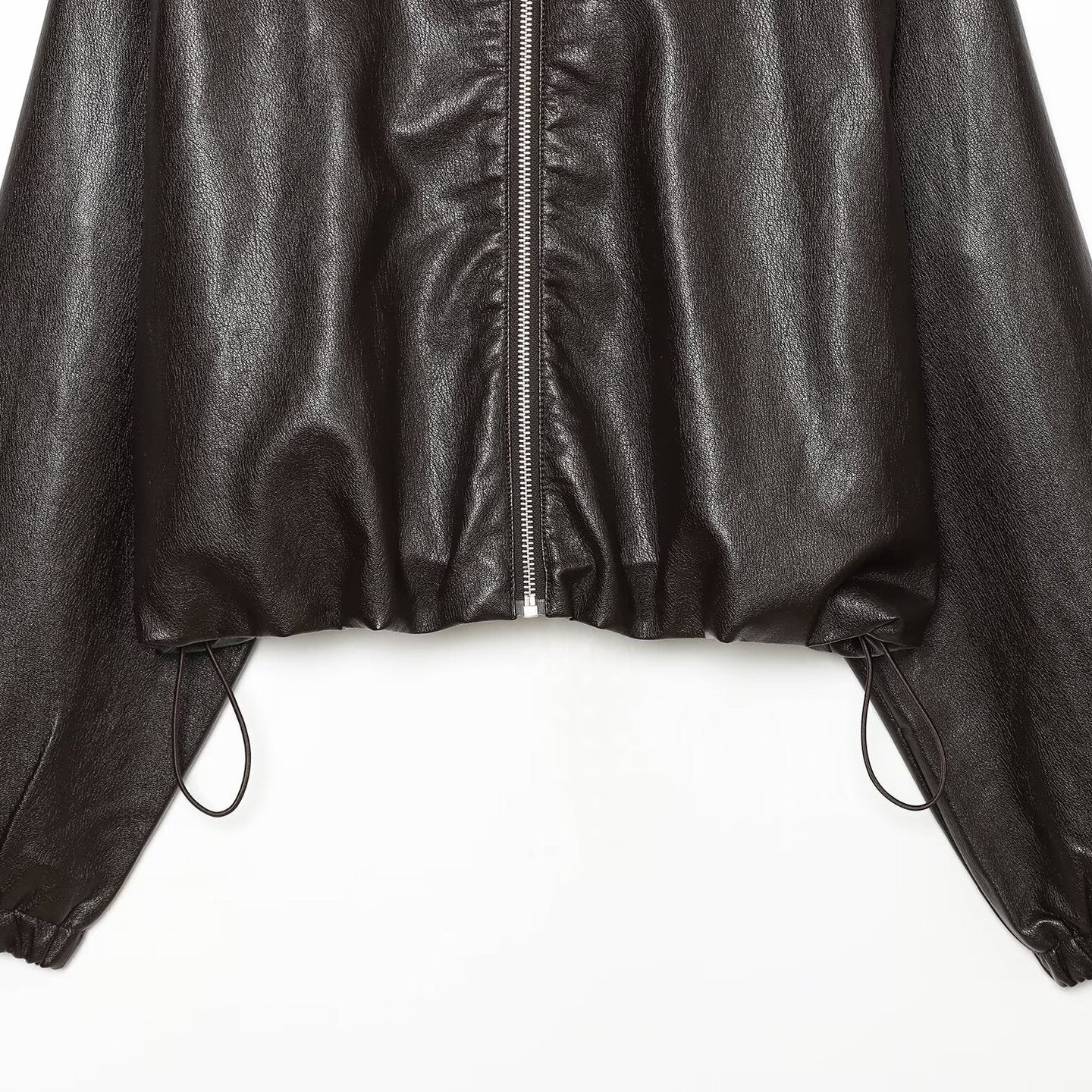 Women's Cropped Faux Leather Bomber Jacket with Hood, Drawstring and Elastic Cuffs Chichicherry
