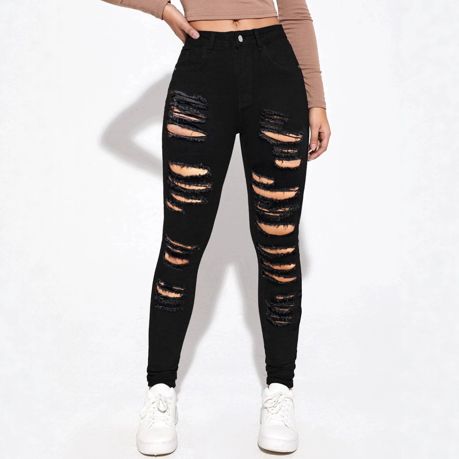 Women's high-waisted super stretch jeans in skinny fit with pronounced destroy rips Chichicherry