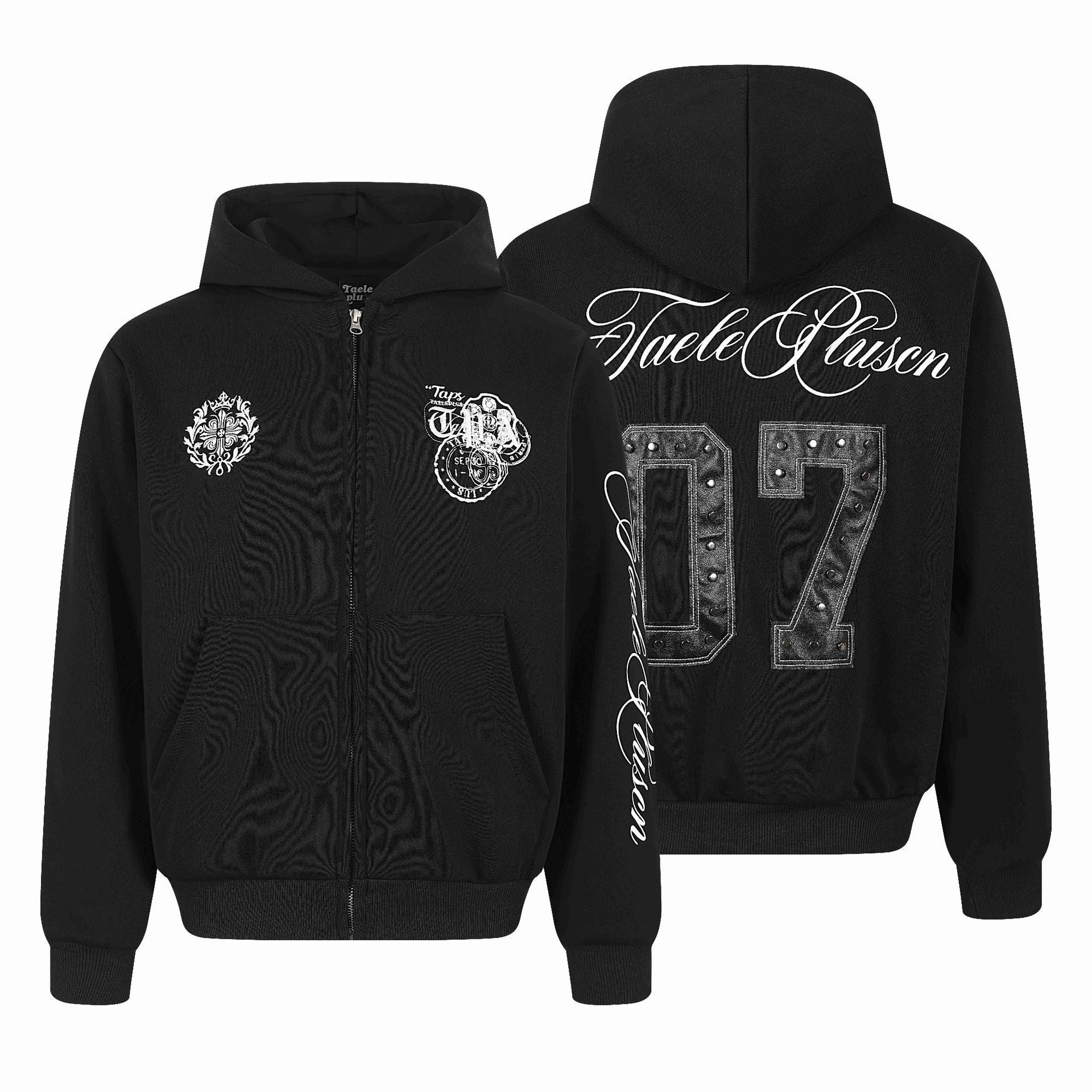 Unisex Hooded Sweat Jacket with Full Zip, Kangaroo Pocket and Ornamental Seal Prints Chichicherry